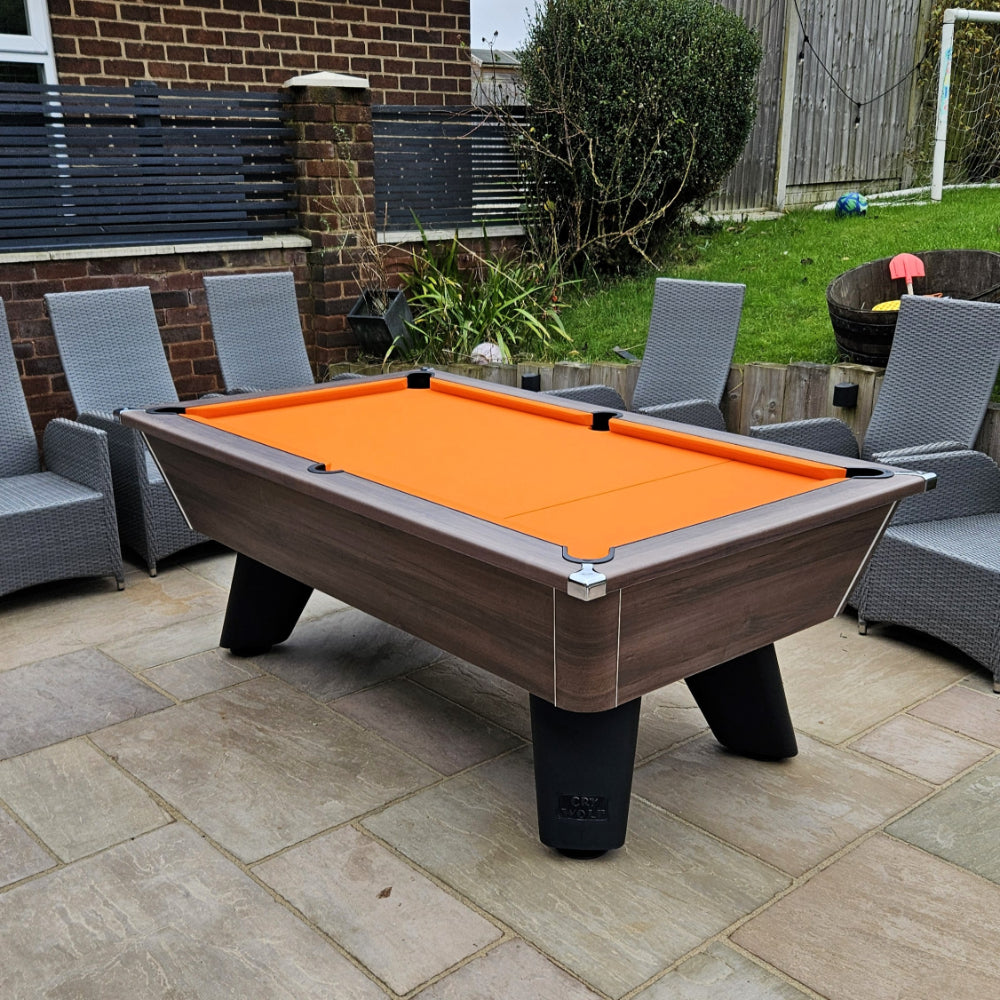 Cry Wolf Outdoor Pool Table | Dark Walnut | Elite Pro Orange Cloth