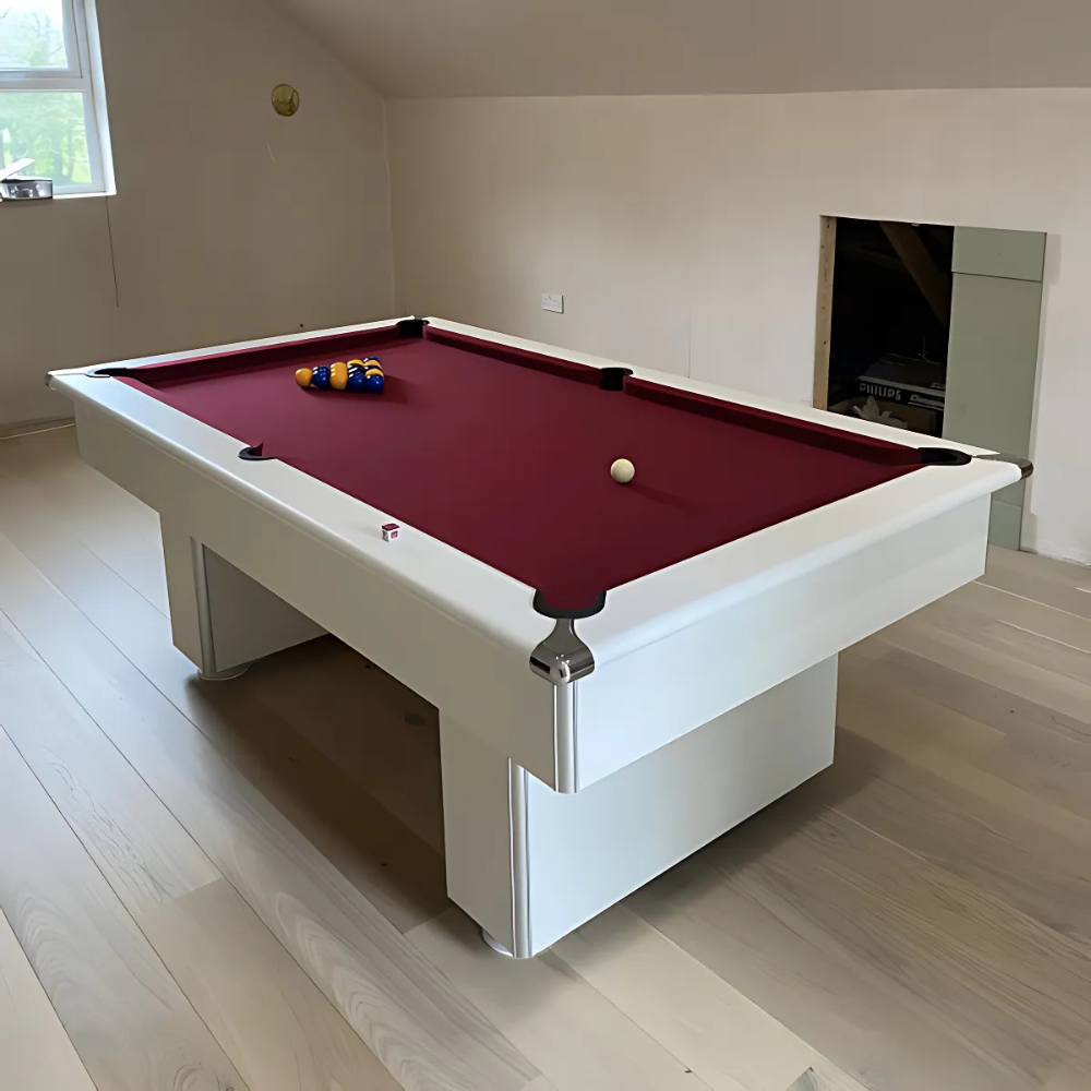 Classic Slimline Slate Bed Pool Table | White | Strachan 777 Burgundy Cloth