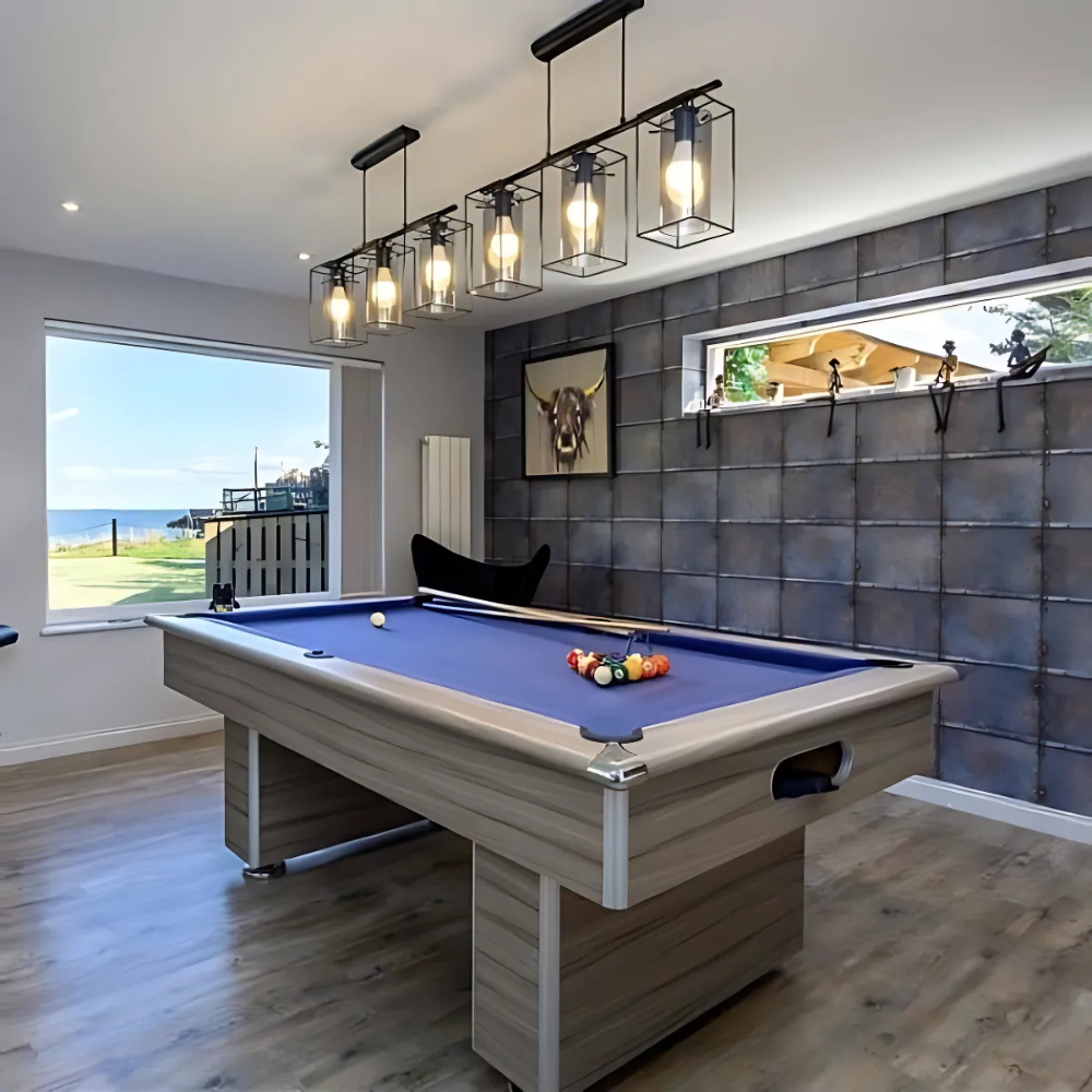 Classic Slimline Slate Bed Pool Table | Driftwood | Elite Pro Cadet Blue Cloth