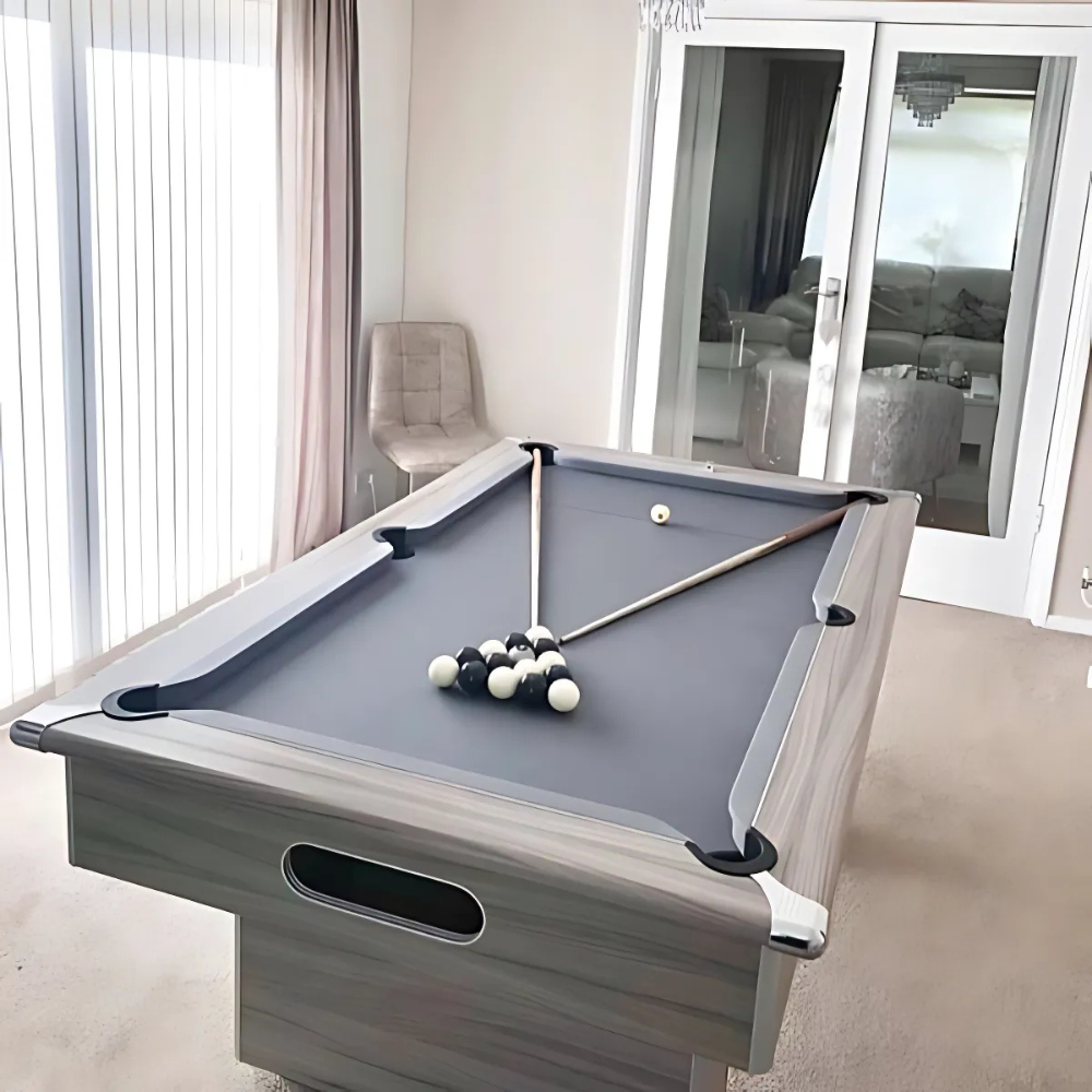 Classic Slimline Slate Bed Pool Table | Driftwood | Strachan 777 Grey Cloth