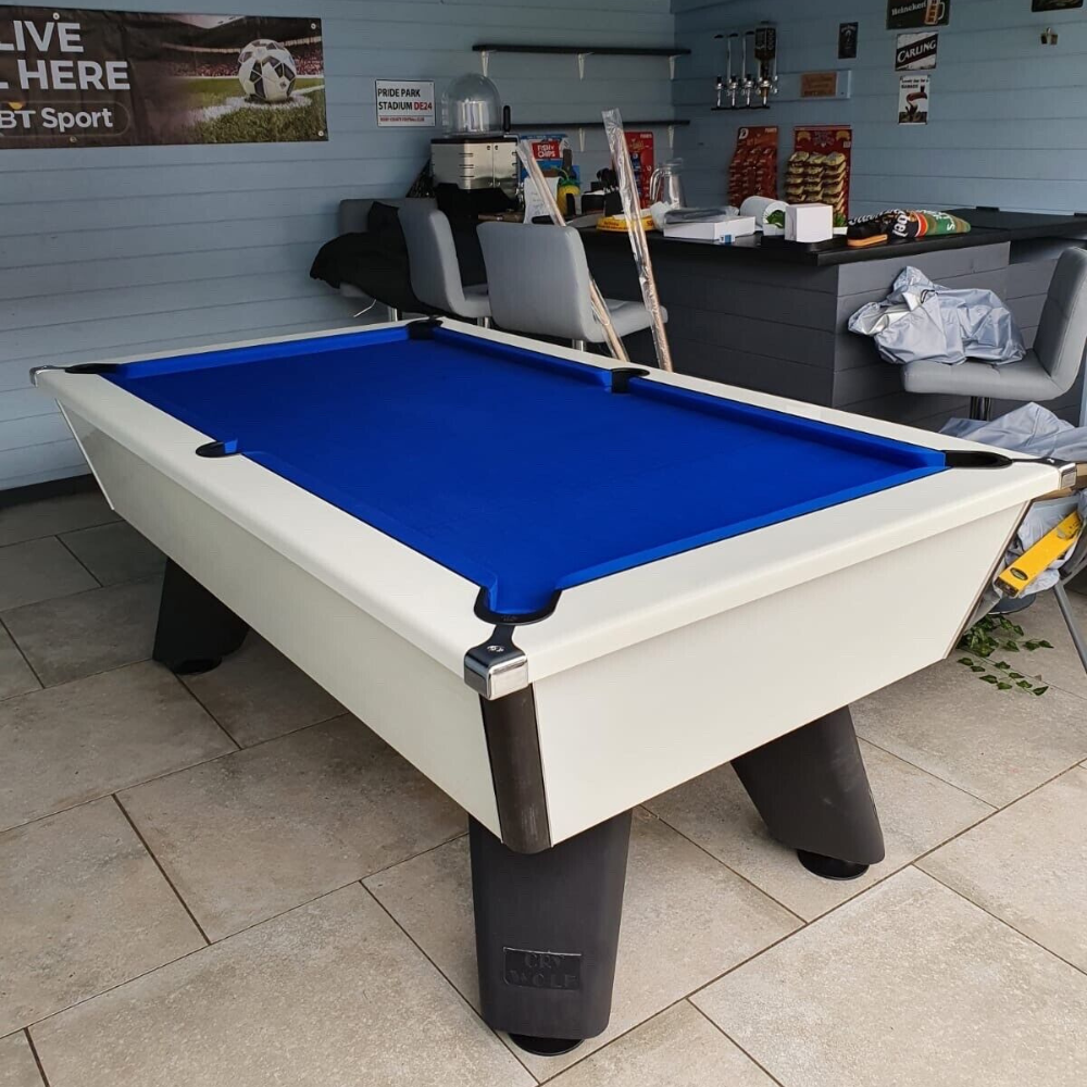 Cry Wolf Indoor Pool Table | White | Elite Pro Royal Blue Cloth