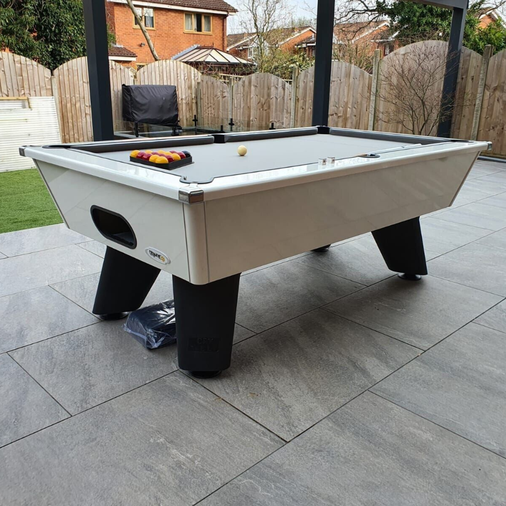 Cry Wolf Outdoor Pool Table | White | Elite Pro Bankers Grey Cloth