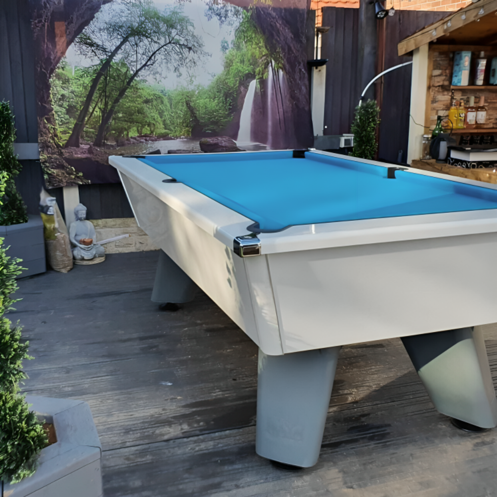 Cry Wolf Outdoor Pool Table | White | Elite Pro Powder Blue Cloth