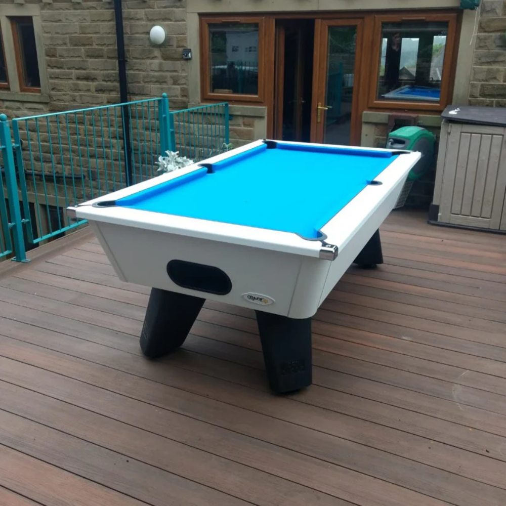 Cry Wolf Outdoor Pool Table | White | Elite Pro Powder Blue Cloth