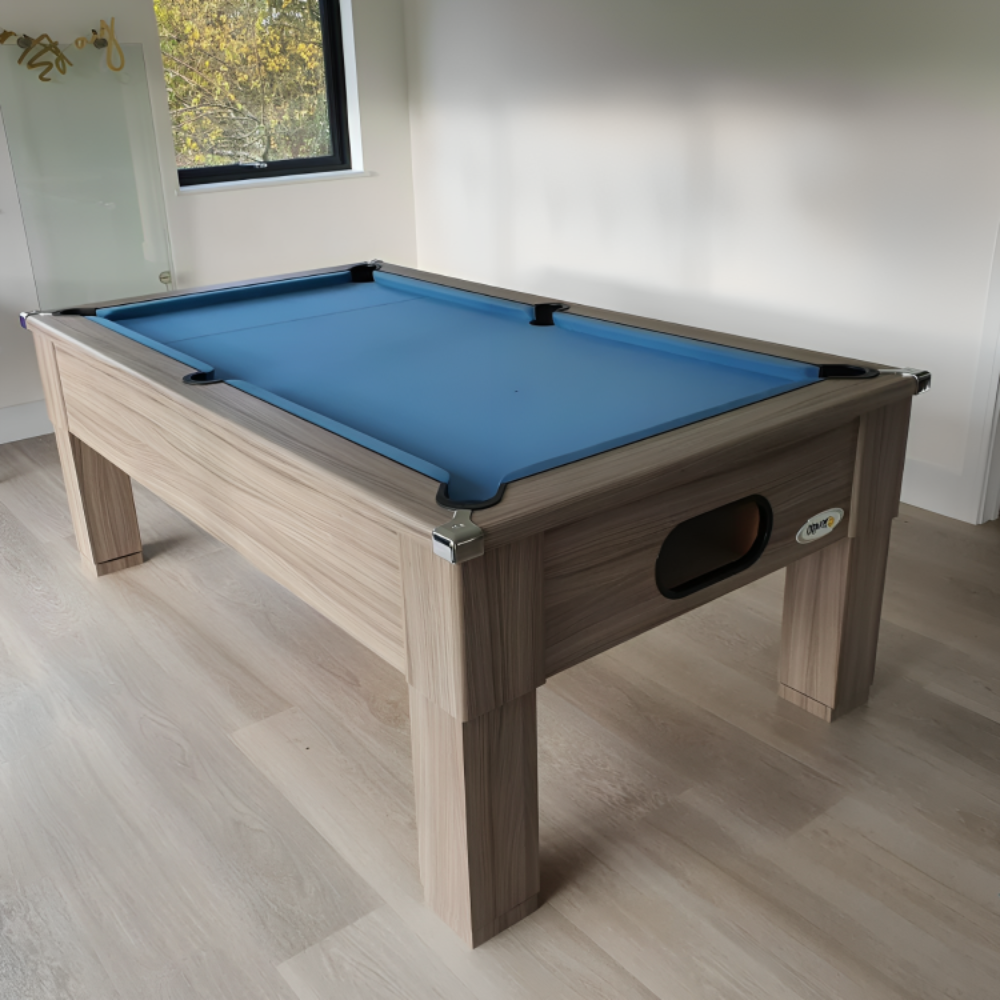 Cry Wolf Square Leg Pool Table | Driftwood | Elite Pro Electric Blue Cloth