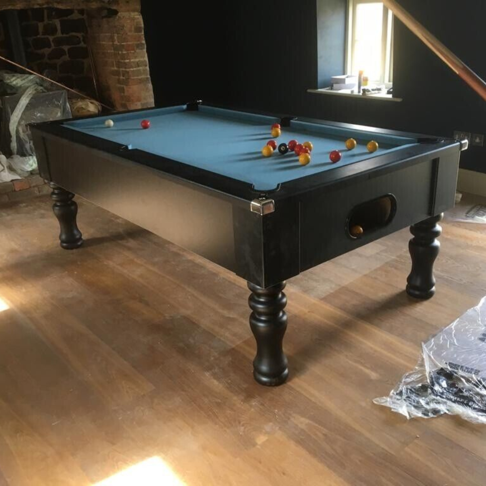 Cry Wolf Turned Leg Pool Table | Black | Elite Pro Powder Blue Cloth