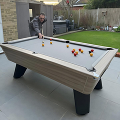 Cry Wolf Outdoor Pool Table | Driftwood | Elite Pro Bankers Grey Cloth
