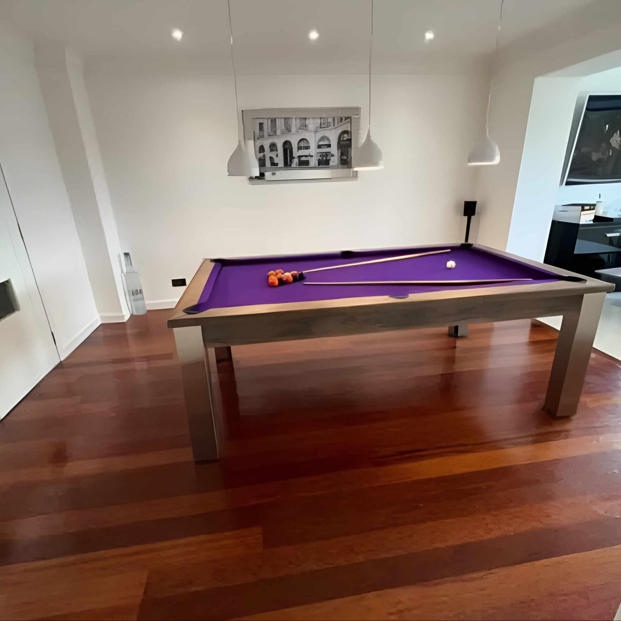 FMF Elixir Pool Dining Table | Distressed Oak | Strachan 777 Purple Cloth