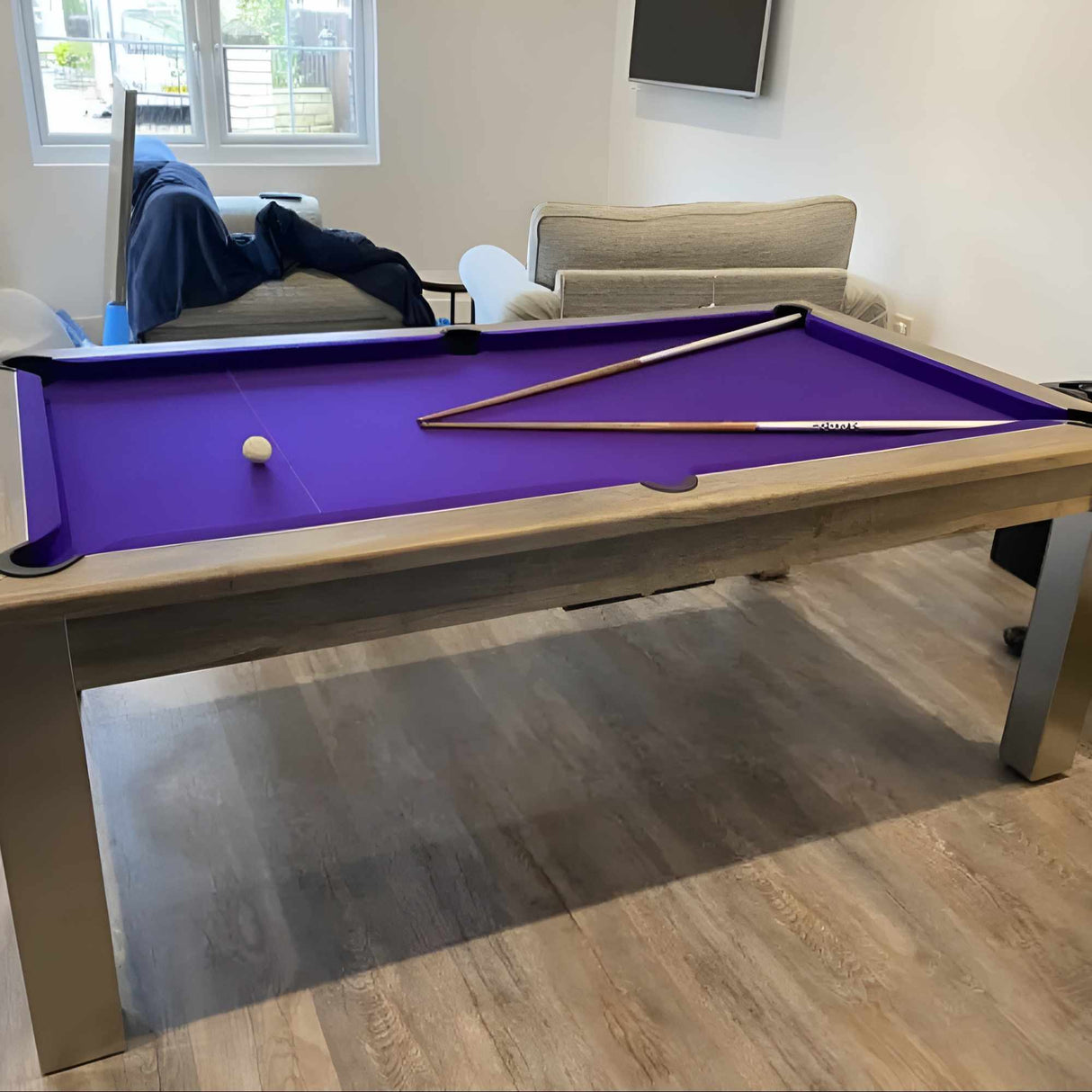 FMF Elixir Pool Dining Table | Distressed Oak | Strachan 777 Purple Cloth