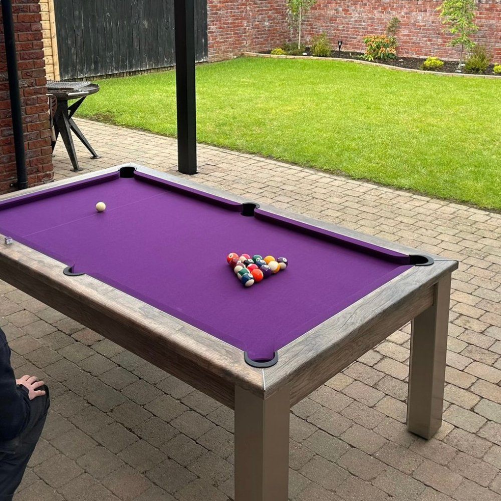 FMF Elixir Outdoor Pool Dining Table | Distressed Oak | Elite Pro Purple Cloth