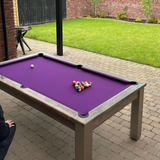 FMF Elixir Outdoor Pool Dining Table | Distressed Oak | Elite Pro Purple Cloth