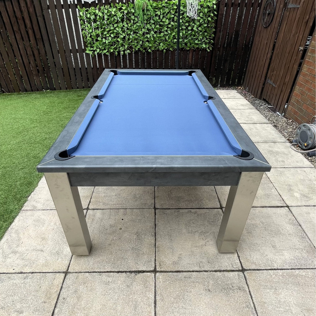 FMF Elixir Outdoor Pool Dining Table | Anthracite Slate | Elite Pro Cadet Blue Cloth
