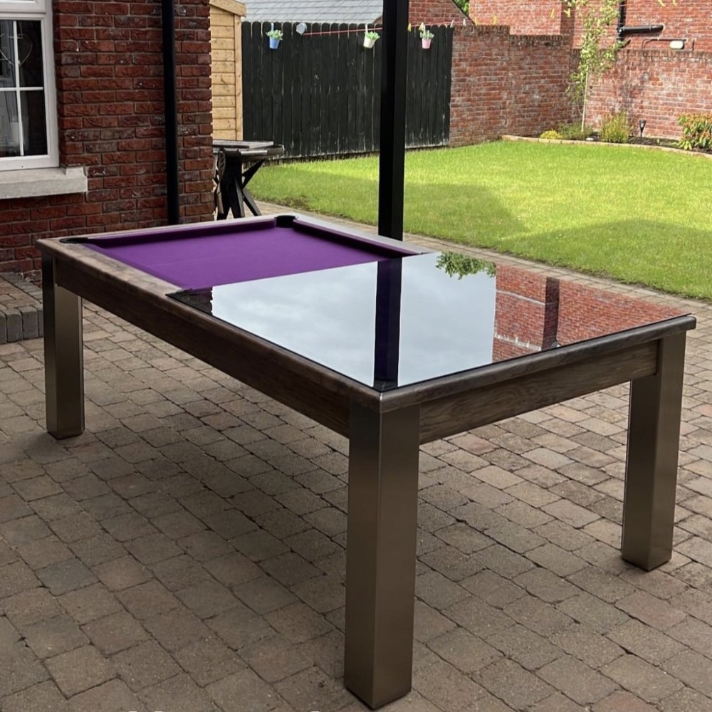 FMF Elixir Outdoor Pool Dining Table | Distressed Oak | Elite Pro Purple Cloth