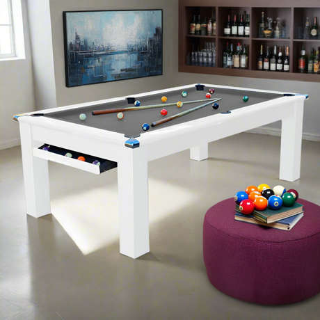 Modern Slate Bed Pool Dining Table | Gloss White | Strachan 777 Grey Cloth