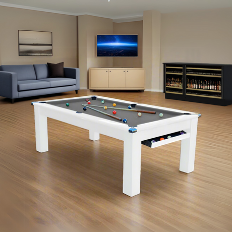Modern Slate Bed Pool Dining Table | Gloss White | Strachan 777 Grey Cloth