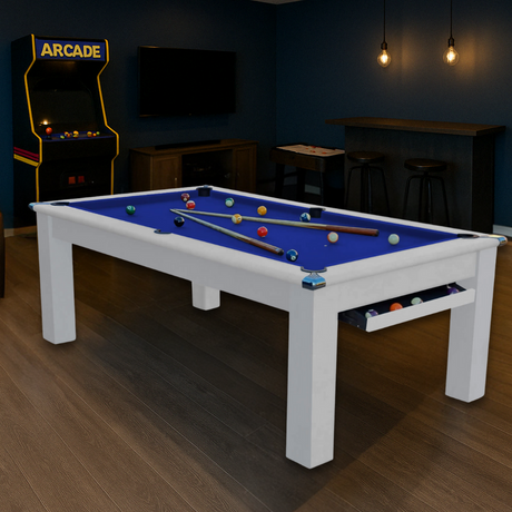 Modern Slate Bed Pool Dining Table | White | Strachan 777 Blue Cloth