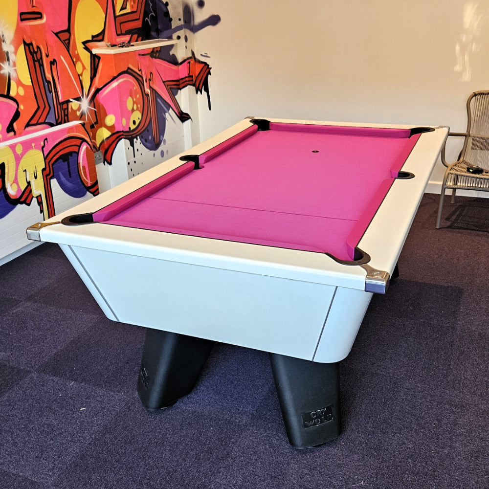 Cry Wolf Indoor Pool Table | White | Elite Pro Fuchsia Cloth