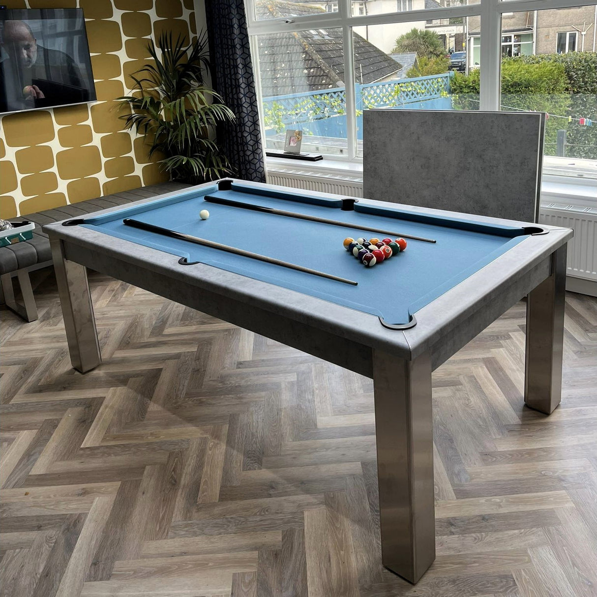 FMF Elixir Pool Dining Table | Chicago Concrete | Smart Powder Blue Cloth