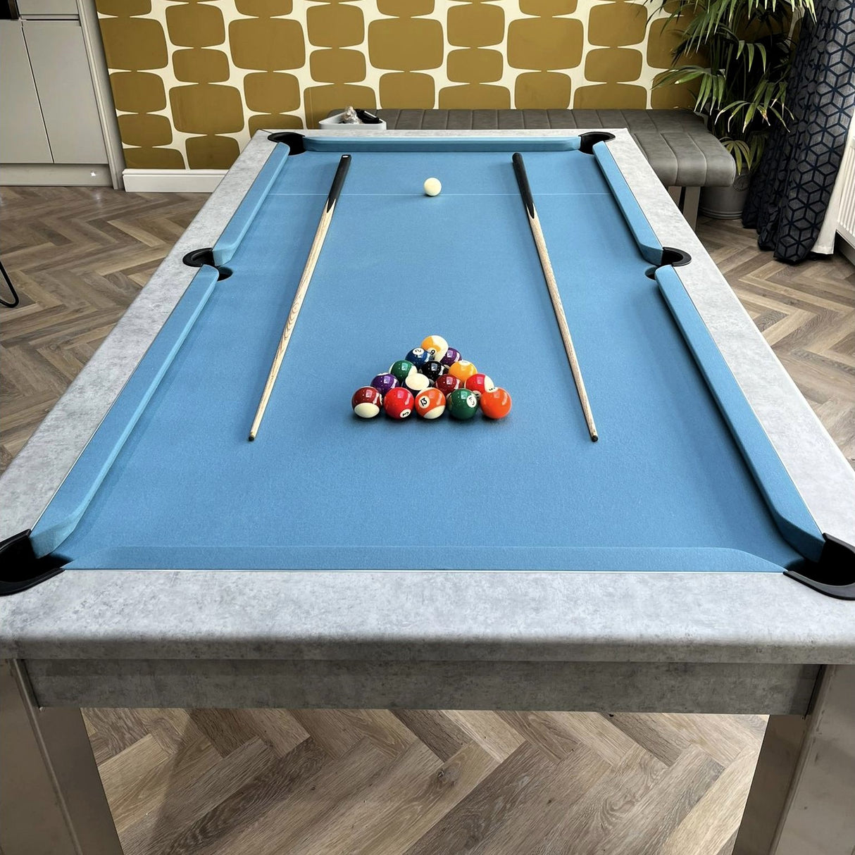 FMF Elixir Pool Dining Table | Chicago Concrete | Smart Powder Blue Cloth