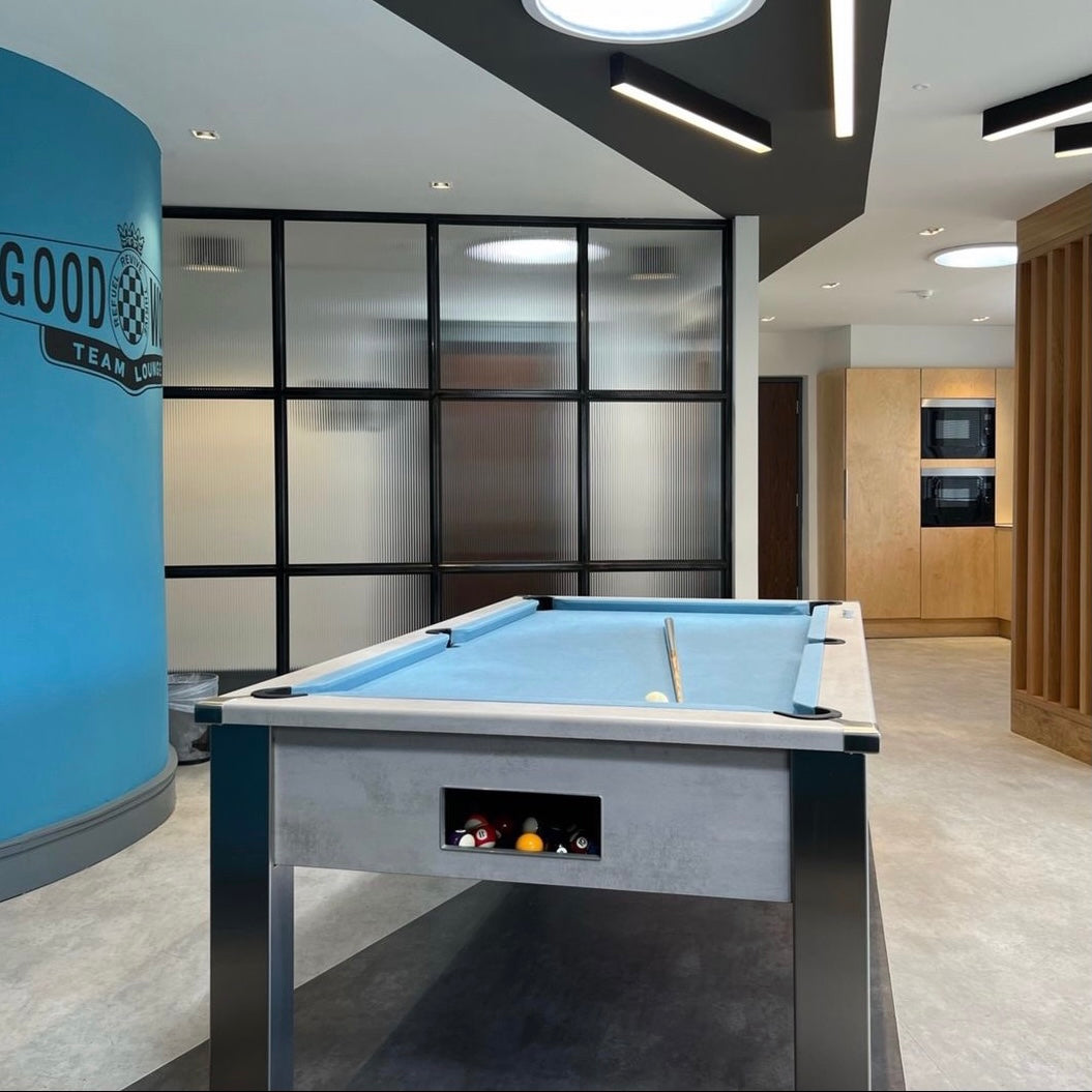 FMF Spirit Tournament Pool Table | Chromix Silver | Smart Powder Blue Cloth
