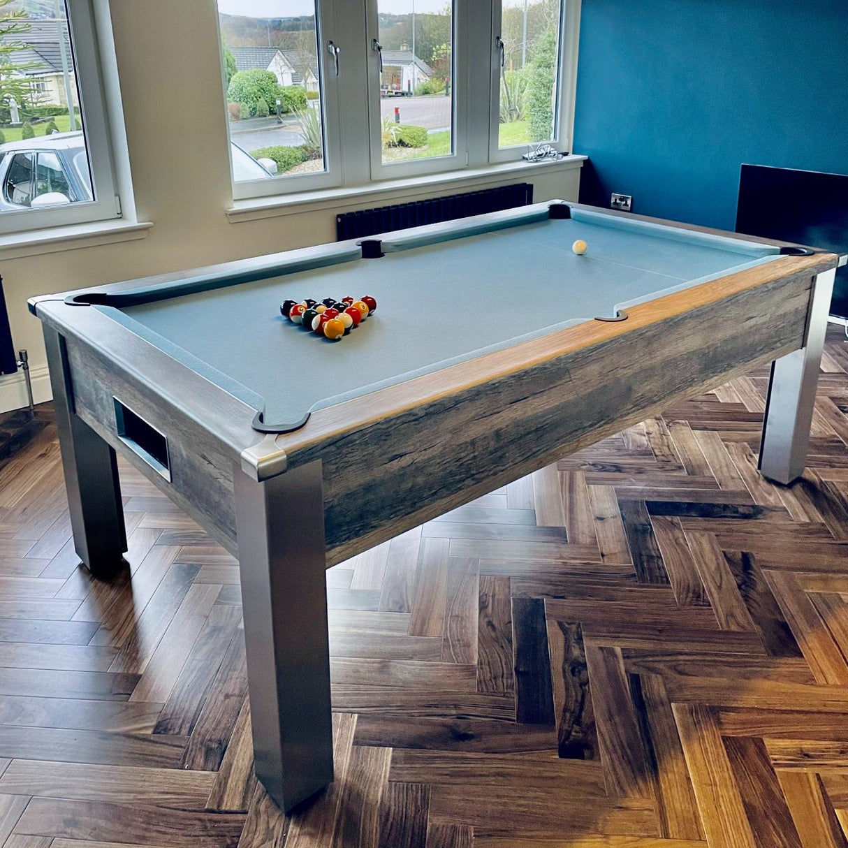 FMF Spirit Tournament Pool Table | Distressed Oak | Elite Pro Powder Blue Cloth