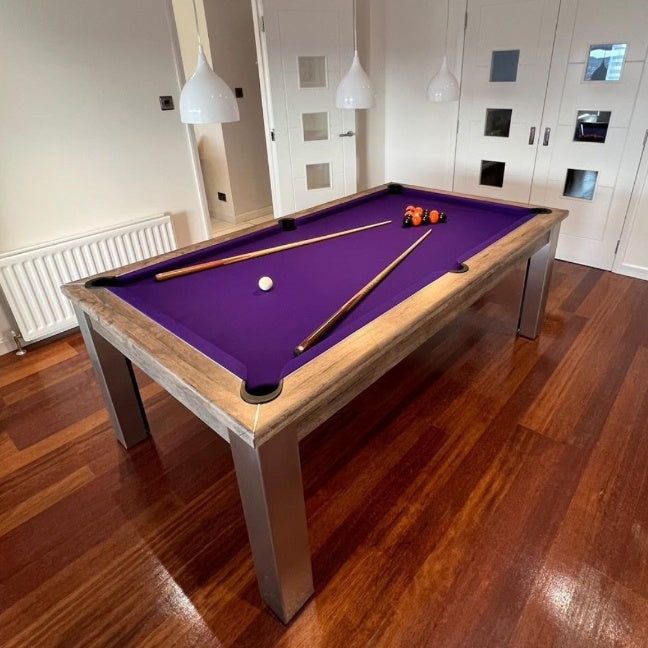 FMF Elixir Pool Dining Table | Distressed Oak | Strachan 777 Purple Cloth