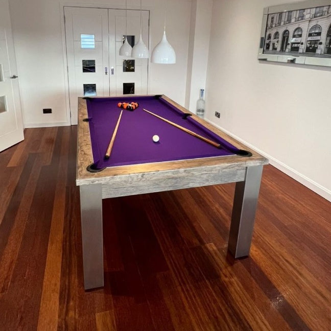 FMF Elixir Pool Dining Table | Distressed Oak | Strachan 777 Purple Cloth
