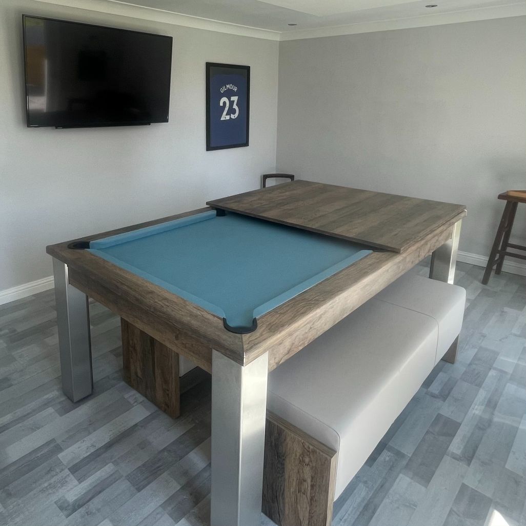 FMF Elixir Pool Dining Table | Distressed Oak | Elite Pro Powder Blue Cloth