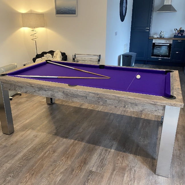 FMF Elixir Pool Dining Table | Distressed Oak | Strachan 777 Purple Cloth