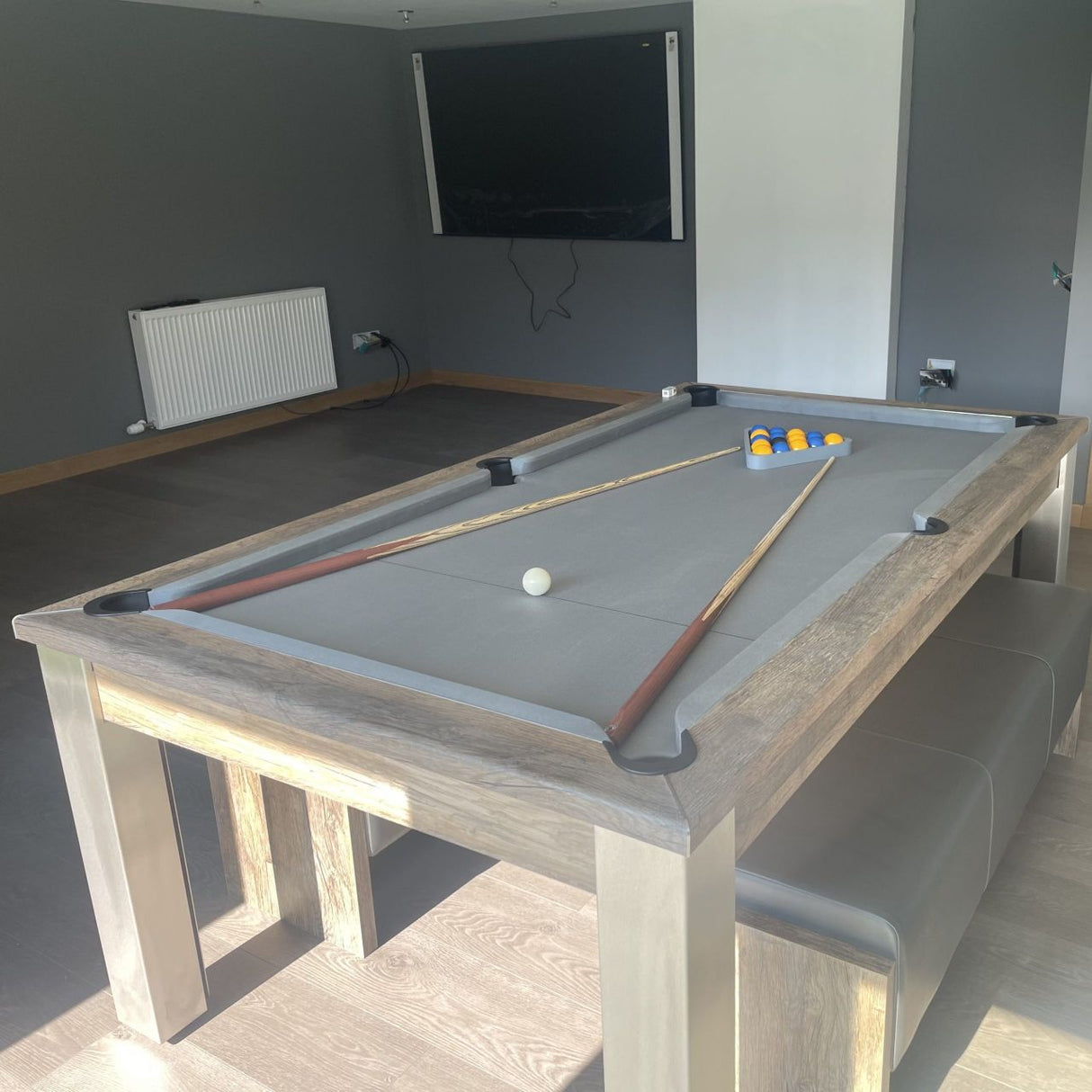 FMF Elixir Pool Dining Table | Distressed Oak | Smart Silver Cloth