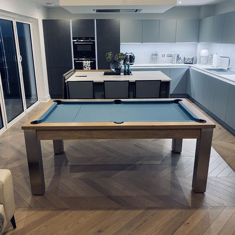 FMF Elixir Pool Dining Table | Grey Oak | Smart Powder Blue Cloth