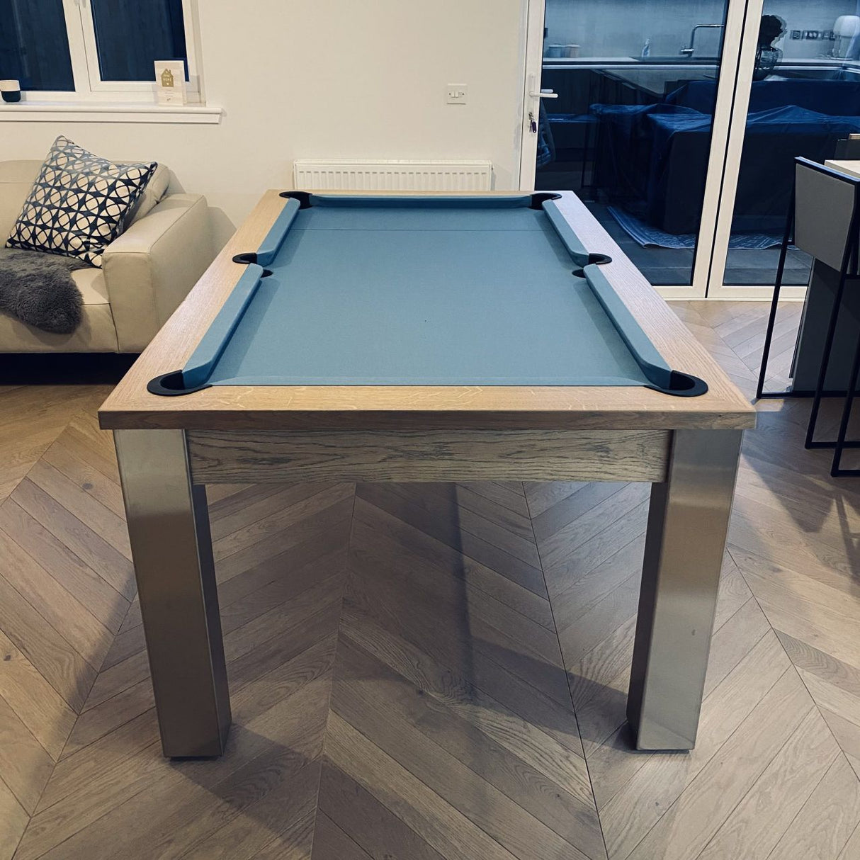 FMF Elixir Pool Dining Table | Grey Oak | Smart Powder Blue Cloth