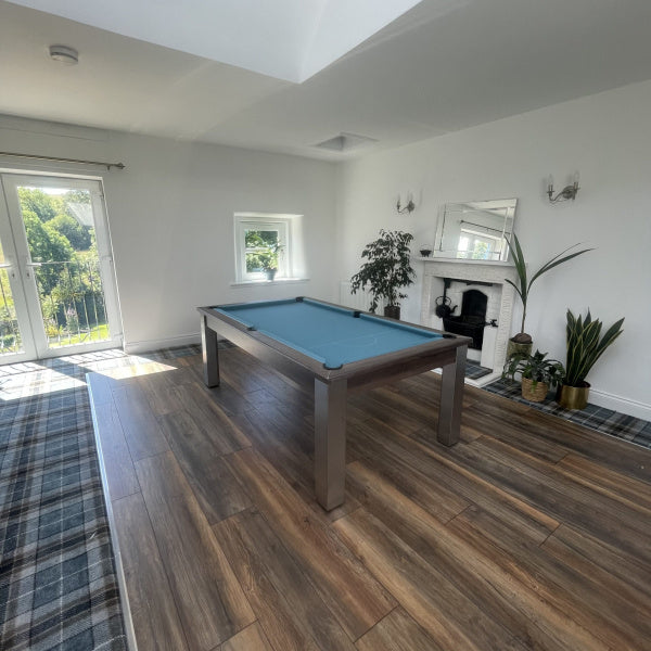 FMF Elixir Pool Dining Table | Pacific Walnut | Smart Powder Blue Cloth